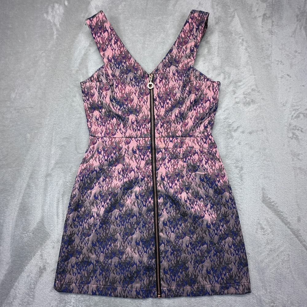 Topshop Mini Shift Dress Womens 4 Pink Flame Jacquard Sleeveless Gold Full‎ Zip
